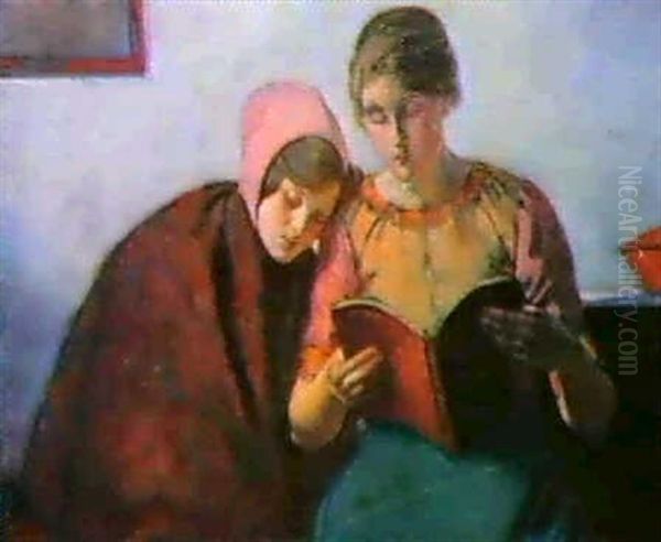 Two Seated Women, One Reading,one Dozing Oil Painting by Myron Barlow