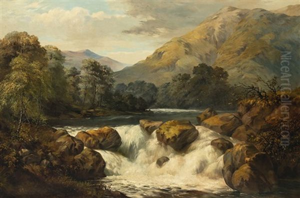 Waterfall In A Mountain Landscape Oil Painting by Edward Barnard