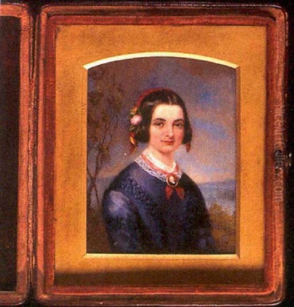 A Lady In Mauve Dress With Lace Collar Decorated With Red Ribbon, A Brooch Portrait Miniature Of A Gentleman At Her Neck Oil Painting by Philipp Augustus Barnard