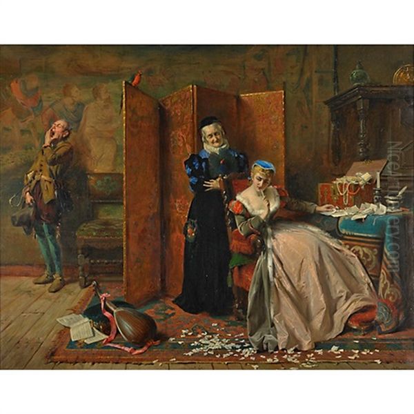 A Renaissance Era Domestic Scene Oil Painting by Edward Charles Barnes