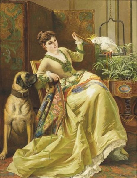 Elegante Avec Son Chien Et Son Perroquet Oil Painting by Edward Charles Barnes