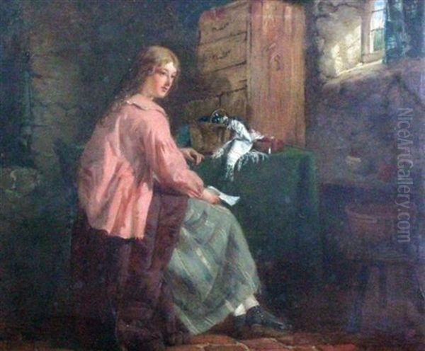 Woman Seated In A Cottage Holding A Letter Oil Painting by Edward Charles Barnes