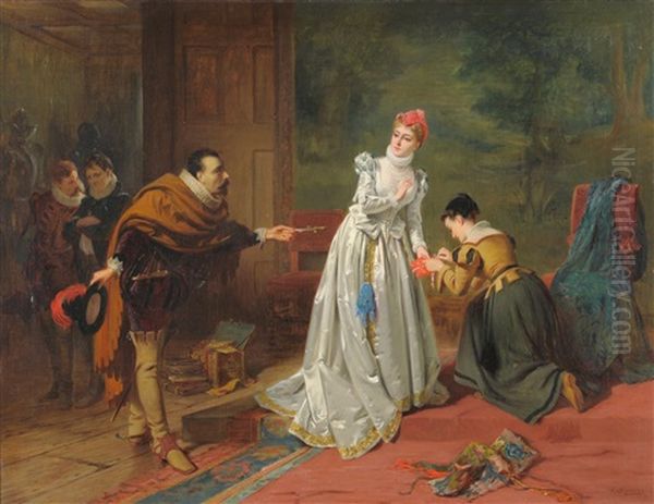 Interior Scene With A Lady Being Presented With A Dagger Oil Painting by Edward Charles Barnes