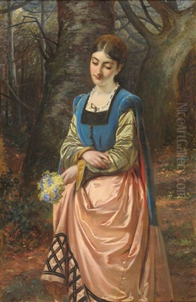 Girl Holding A Posy Of Spring Flowers In Woodland Glade Oil Painting by Edward Charles Barnes