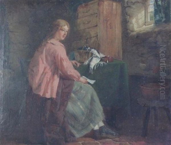 Cottage Interior With Woman Reading A Letter Oil Painting by Edward Charles Barnes