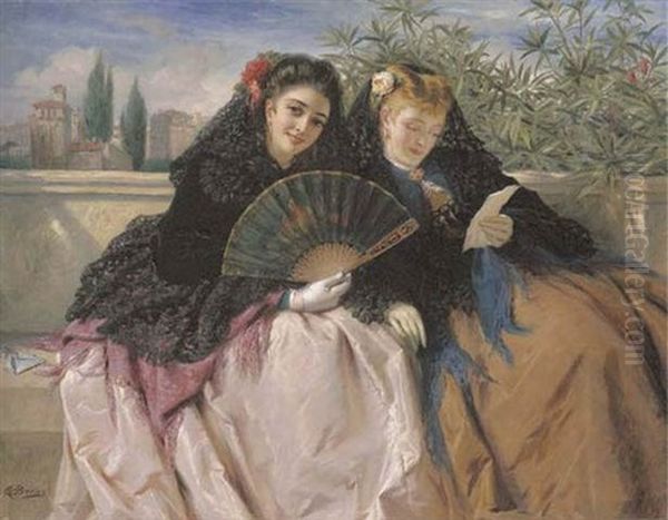 Two Spanish Ladies On A Balcony Reading A Letter Oil Painting by Edward Charles Barnes