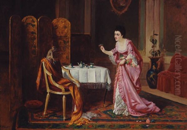 The Tea For Two - A Lady And Her Monkey Oil Painting by Edward Charles Barnes