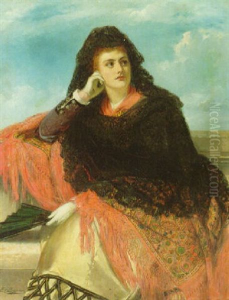 An Elegant Lady In Spanish Dress Oil Painting by Edward Charles Barnes