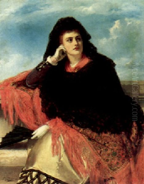 An Elegant Lady In Spanish Dress Oil Painting by Edward Charles Barnes