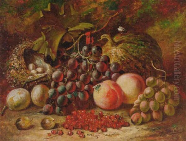 A Melon, Grapes, Peaches, Plums And Gooseberries With Birds Nest On A Mossy Bank Oil Painting by Gertrude Jameson Barnes