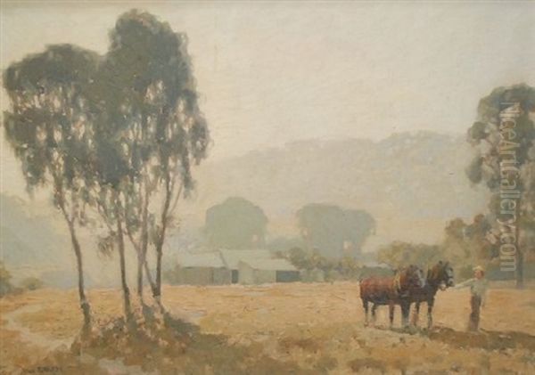 Australian Landscape With Heavy Horses Being Led To Field Oil Painting by Gustav Adrian Barnes