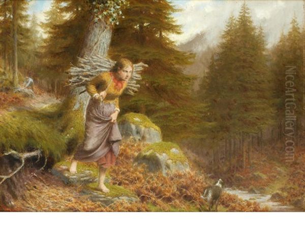 Faggot Gatherer On A Woodland Path Oil Painting by James Barnes