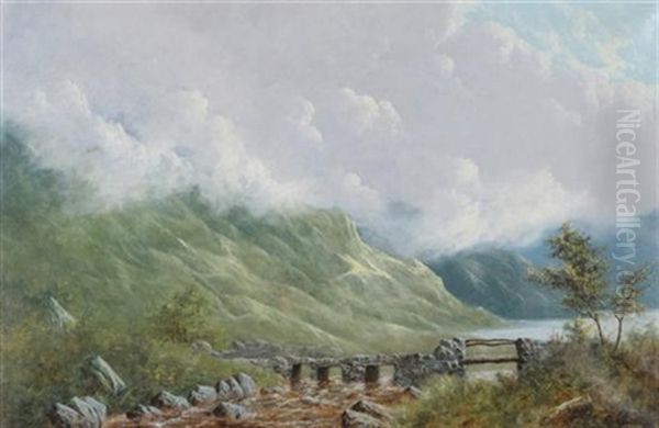 Footbridge In The Misty Highlands Oil Painting by Samuel John Barnes