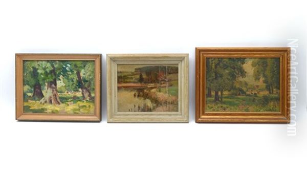 3 F. A. Barney Oils: 2 Woods And 1 Lake Scene Oil Painting by Frank A. Barney