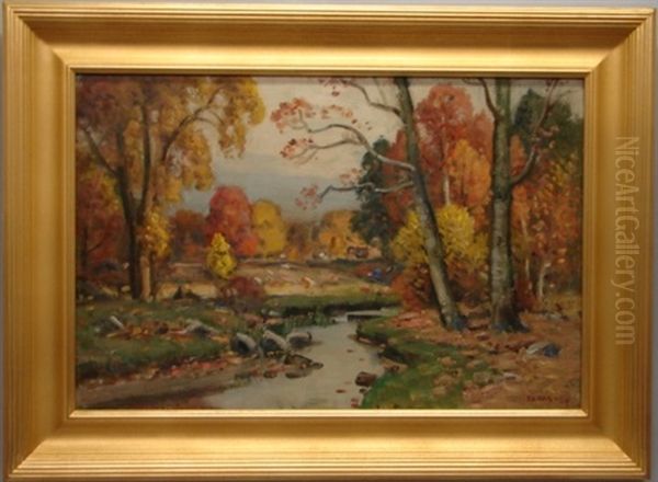 Autumn Woodland Landscape Oil Painting by Frank A. Barney