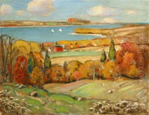 Sailboats Off Panoramic Coastal Landscape Oil Painting by Frank A. Barney