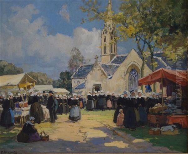 Marche Devant L'eglise Bretonne. Oil Painting by Henri Alphonse Barnoin