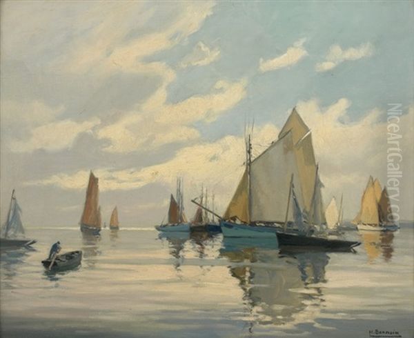 Marine, Ciel Argente - Douarnenez Oil Painting by Henri Alphonse Barnoin