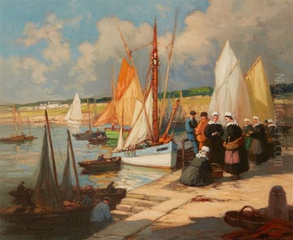 Concarneau, Finistere, Arrivee De La Sardine Oil Painting by Henri Alphonse Barnoin