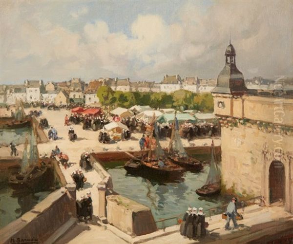 Concarneau, Finistere, Le Marche Devant La Ville-close Oil Painting by Henri Alphonse Barnoin