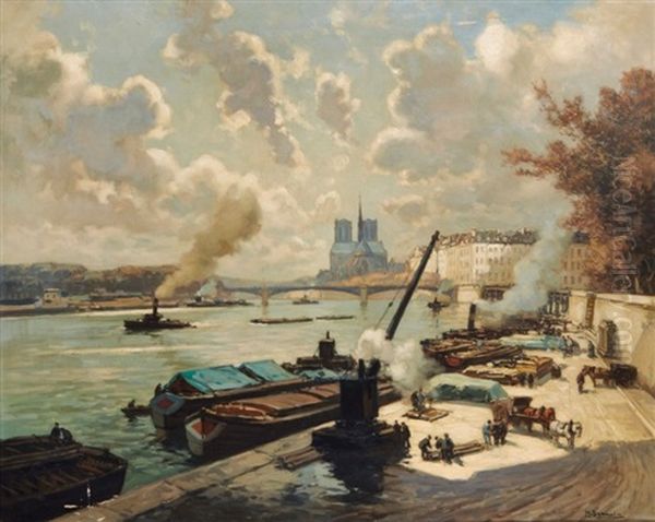 Activites Sur La Seine, Avec Vue Sur Notre Dame Oil Painting by Henri Alphonse Barnoin