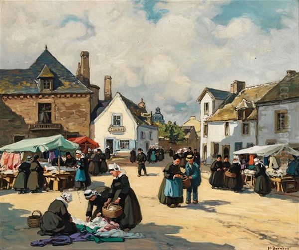 Linen Market In Brittany Oil Painting by Henri Alphonse Barnoin