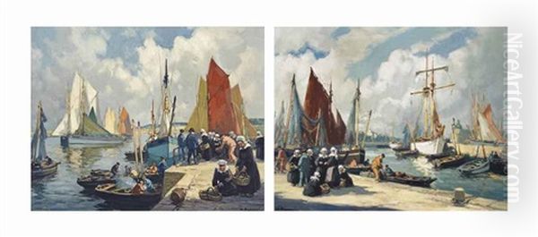 Unloading The Catch, Concarneau; And On The Quay, Concarneau (pair) Oil Painting by Henri Alphonse Barnoin