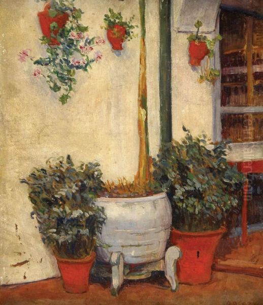 Plants In A Patio Oil Painting by Jules Adler