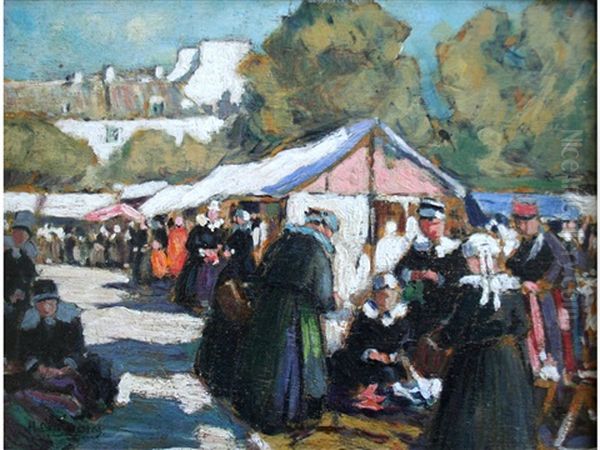 A Breton Market Scene Oil Painting by Henri Alphonse Barnoin