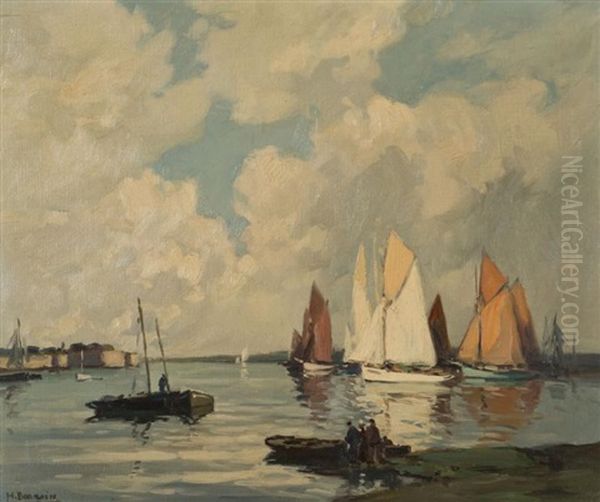 Les Thoniers A Voile Au Mouillage Dans L'avant-port De Concarneau Oil Painting by Henri Alphonse Barnoin