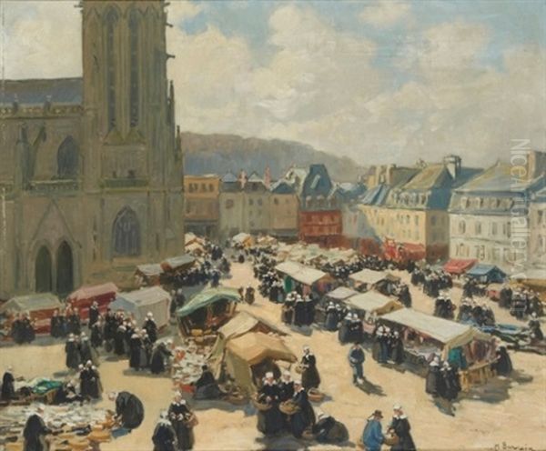 Place Du Marche A Concarneau Oil Painting by Henri Alphonse Barnoin