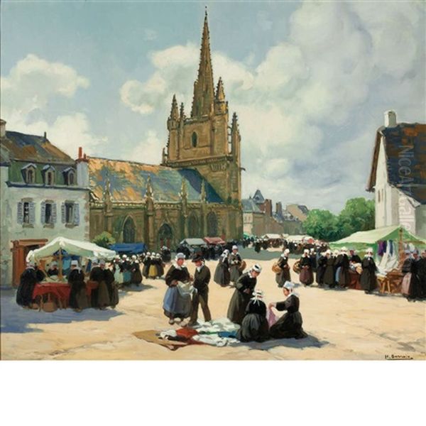 A Brittany Market Oil Painting by Henri Alphonse Barnoin