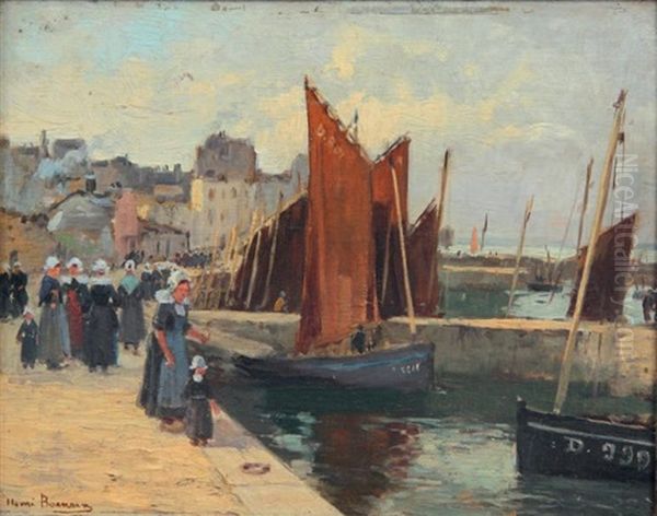 Familles Bretonnes Sur Un Quai Oil Painting by Henri Alphonse Barnoin