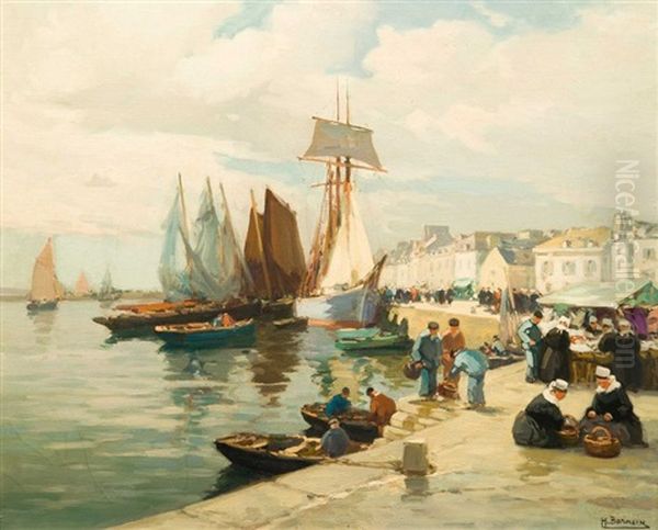 Marche Au Port De Concarneau Oil Painting by Henri Alphonse Barnoin