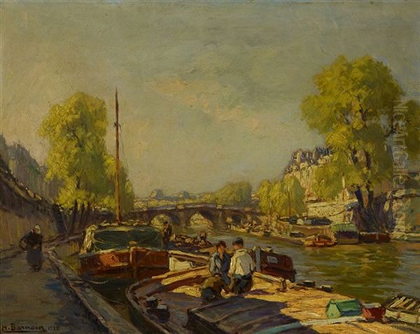 La Seine Au Pont Neuf Paris Oil Painting by Henri Alphonse Barnoin