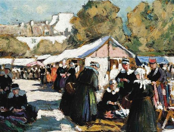 Bretons At A Market Oil Painting by Henri Alphonse Barnoin