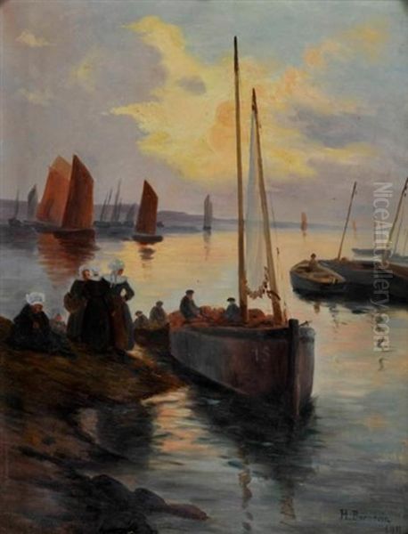 Retour De Peche En Bretagne Oil Painting by Henri Alphonse Barnoin