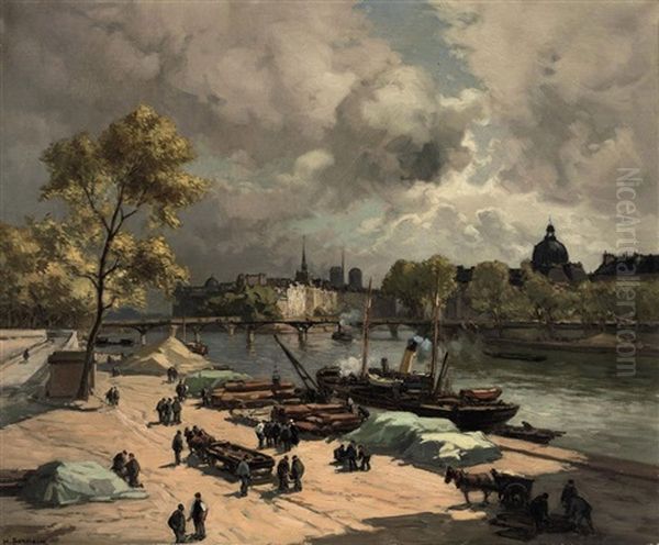 Port St. Nicolas, Bords De Seine (on A Quay Along The Seine, Paris) Oil Painting by Henri Alphonse Barnoin