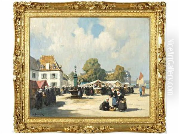 Scene De Marche A Concarneau Oil Painting by Henri Alphonse Barnoin