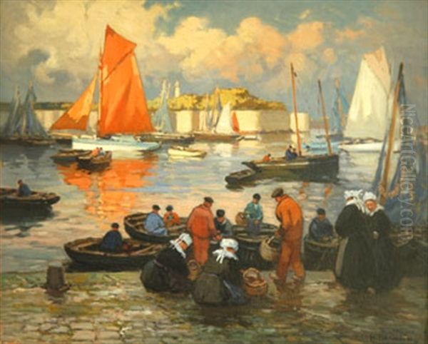 Retour De Peche A Concarneau Devant La Ville Close Oil Painting by Henri Alphonse Barnoin