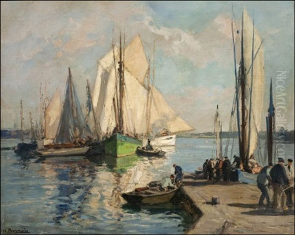 Bretagnelainen Satama (a Harbour In Bretagne) Oil Painting by Henri Alphonse Barnoin