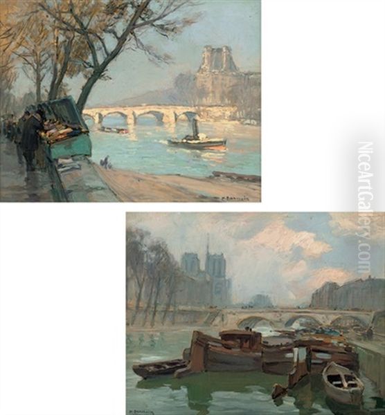 Pont Royal A Paris (+ Pont St. Michel; Pair) Oil Painting by Henri Alphonse Barnoin