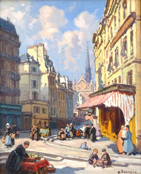 Jour De Marche Place Maubert A Paris Oil Painting by Henri Alphonse Barnoin