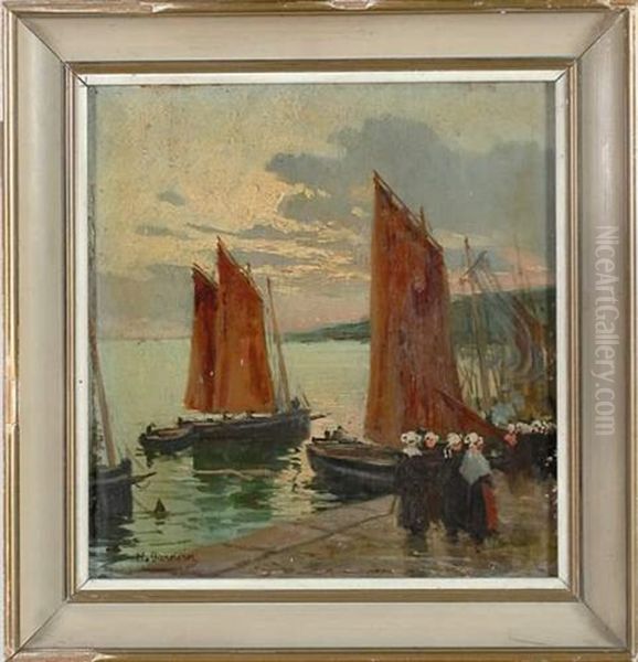 Voiliers Au Port Oil Painting by Henri Alphonse Barnoin