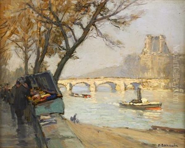 Pont Royale, Paris (+ Pont St. Michel, Paris; 2 Works) Oil Painting by Henri Alphonse Barnoin