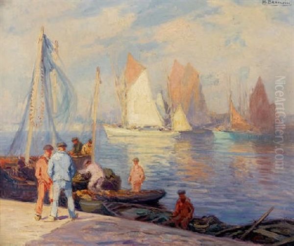 Les Pecheurs A Quai Oil Painting by Henri Alphonse Barnoin