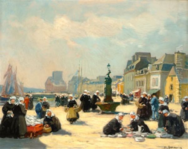 L'avant Port Anime Pres De La Fontaine A Concarneau Oil Painting by Henri Alphonse Barnoin