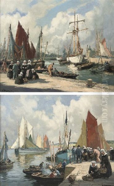 Unloading The Catch, Concarneau (+ On The Quay, Concarneau; Pair) Oil Painting by Henri Alphonse Barnoin