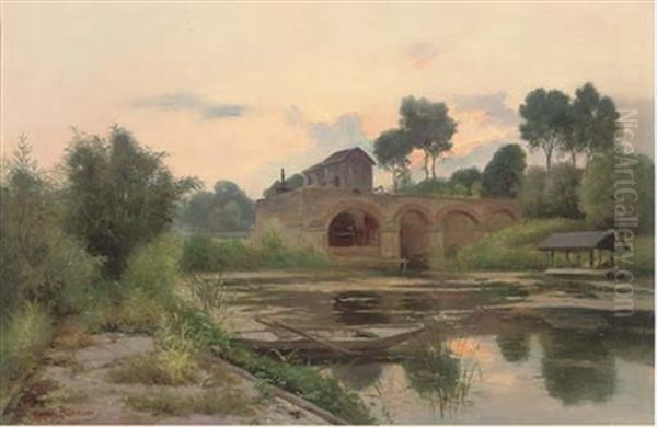 Before The Pump House At Dusk Oil Painting by Henri Alphonse Barnoin