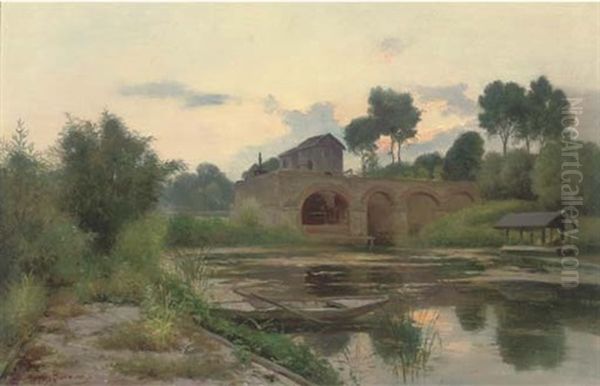 Before The Pump House At Dusk Oil Painting by Henri Alphonse Barnoin